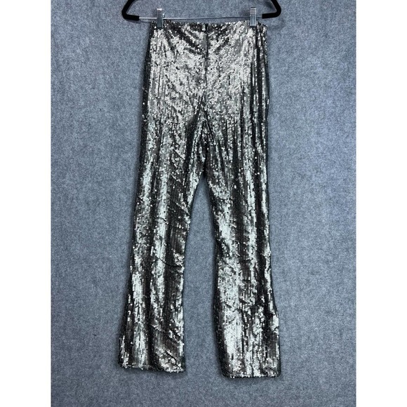 Revolve Pants Women Silver Black Back Zip Pull On Sequin Wide Leg - Picture 8 of 11